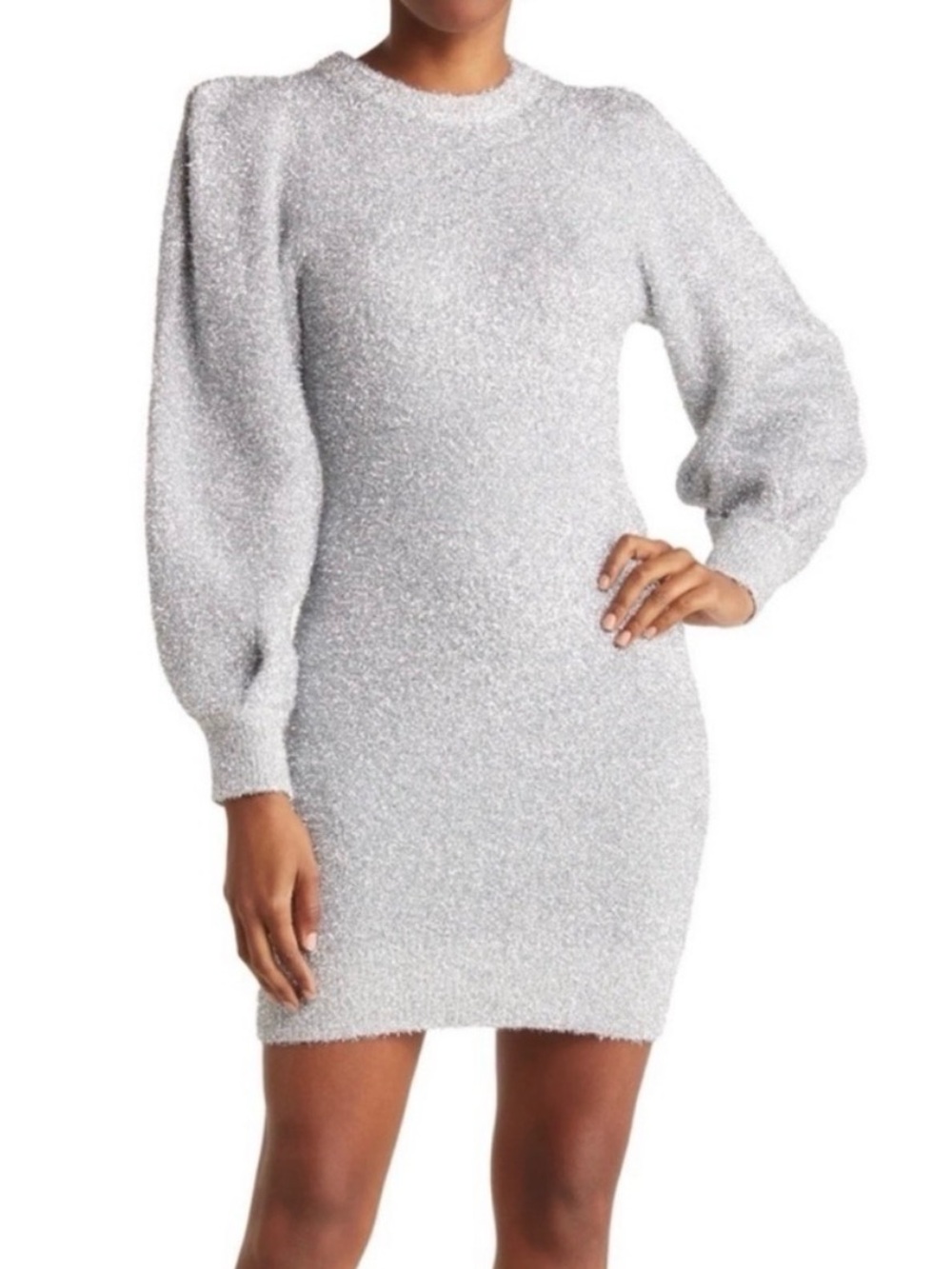 Ronny Kobo Metallic Tinsel Silver Knit Dress
